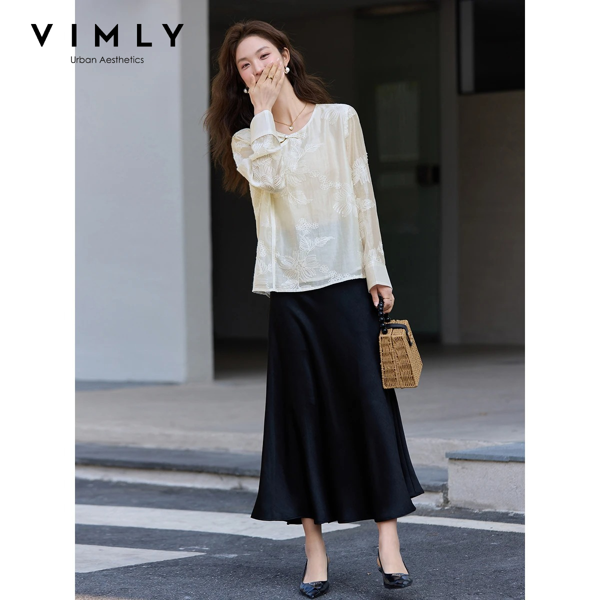 Embroidery On Shirt - VIMLY Apricot New Chinese Embroidered Chiffon