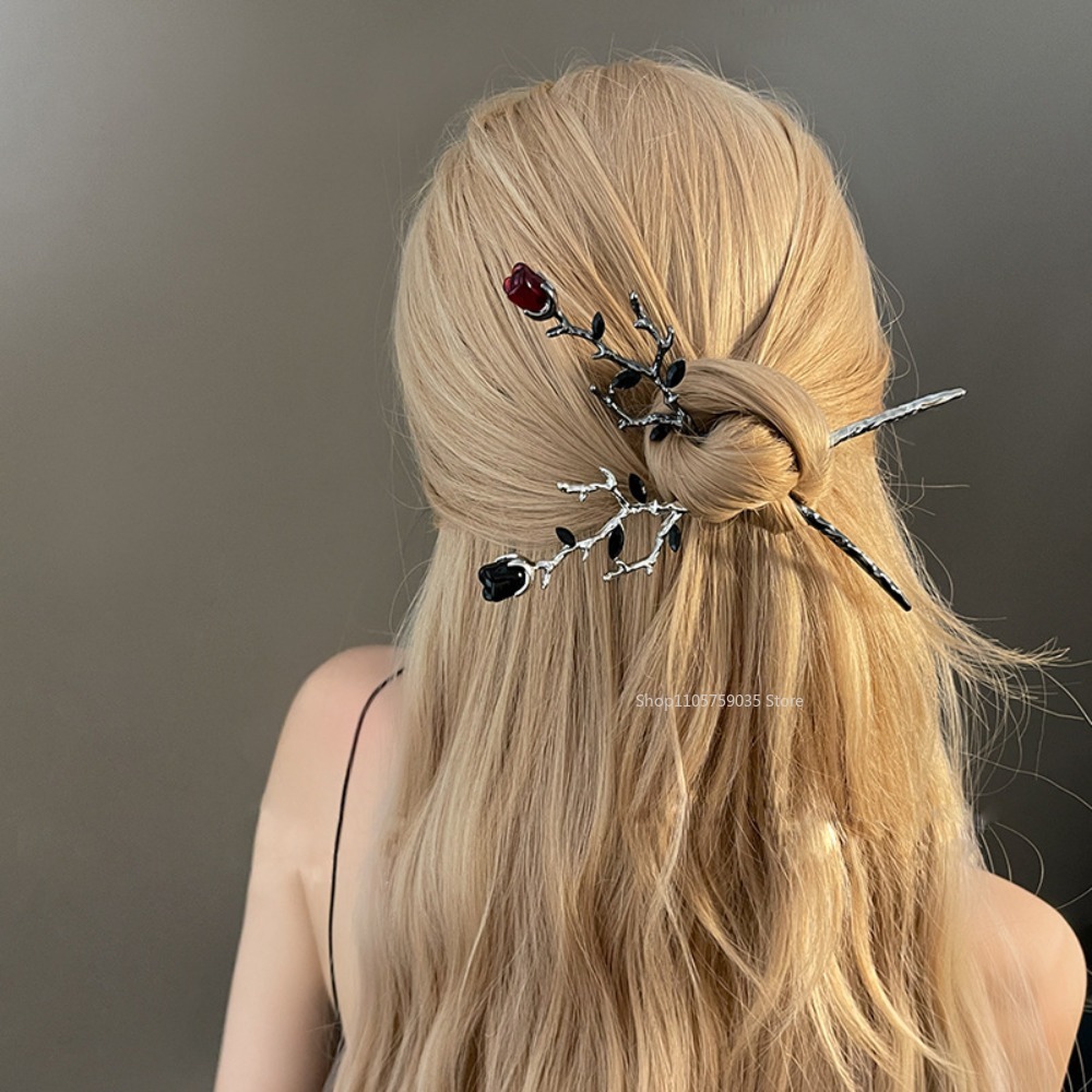 Embroidery Red - Vintage Metal Red Rose Flower Hairpins