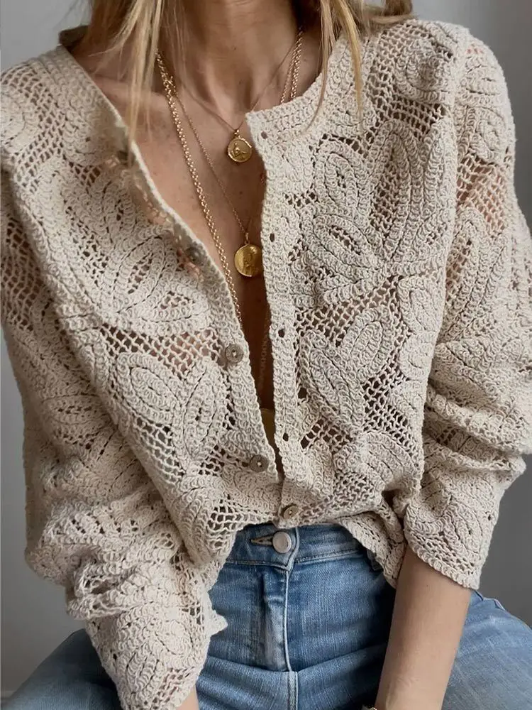Embroidery On Shirt - Women's Crochet Knit Shirts Button-up Embroidered