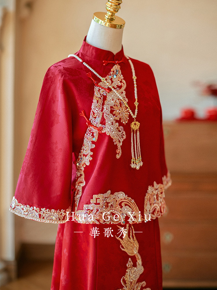Embroidery Red - Red Chinese Xiuhe Wedding Dress Heavy