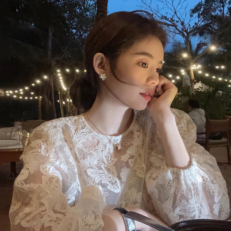 MEXZT Elegant Sheer White Shir - Embroidery On Shirt 评论和价格