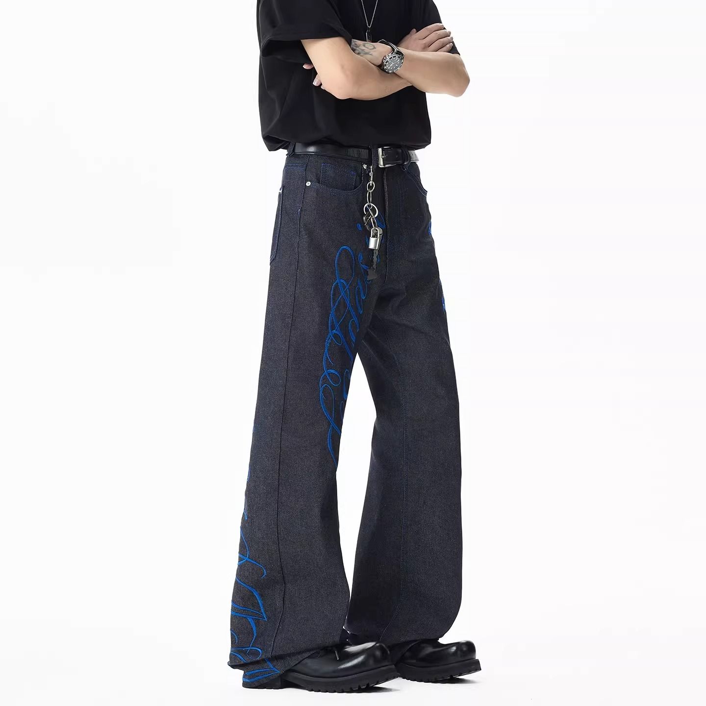 Men's Blue Font Embroidery Jea - Embroidery Font Free 评论和价格