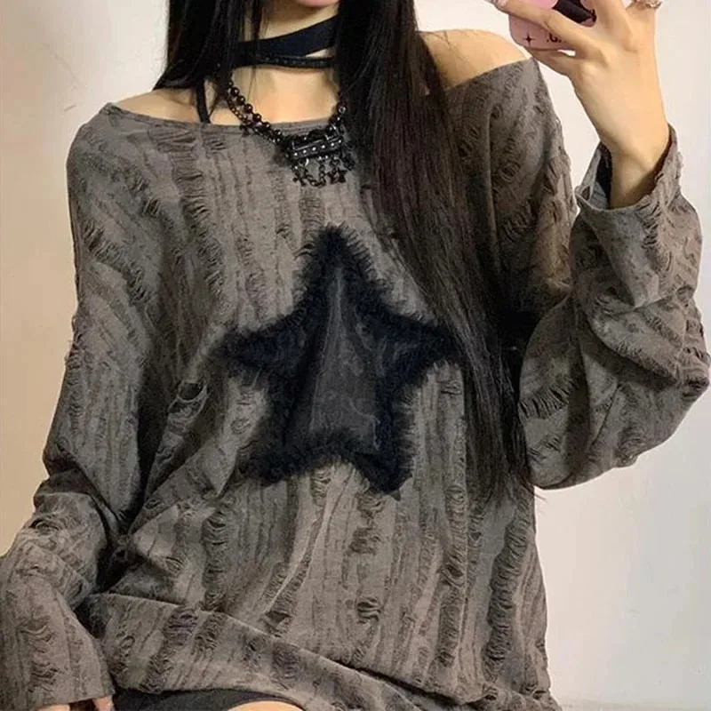 Y2K Hole Star Print T-Shirt Wo - Embroidery On Shirt 评论和价格
