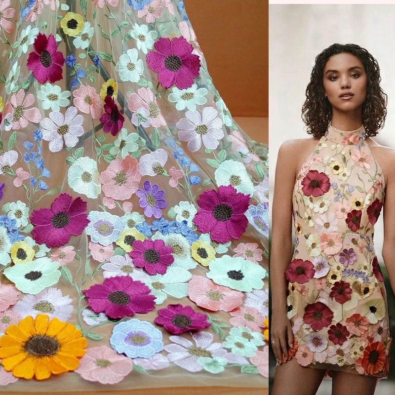 Colorful 3D Flower Lace Fabric - Embroidery Net Dress 评论和价格