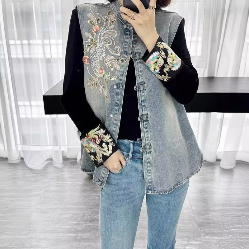 Denim Coats Women Vests Coat R - Embroidery Jacket Jeans 评论和价格